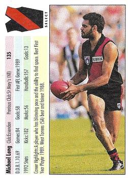 1993 Select AFL #135 Michael Long Back